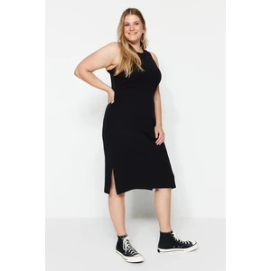 Trendyol Curve Black Ribbed Knitted Crewneck Slit Dress