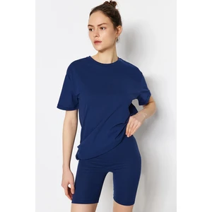 Trendyol Navy Blue 100% Cotton T-shirt-Biker Leggings Knitted Pajamas Set