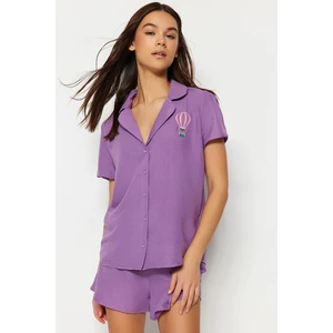Trendyol Purple Fun Embroidered Shirt-Shorts Weave Pajamas Set