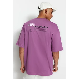 Trendyol Plum Men's Oversize Fit Text Printed Short Sleeved 100% Cotton T-Shirt