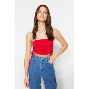 Trendyol Red Cotton Strapless Crop Flexible Knitted Bustier With Shirring Details