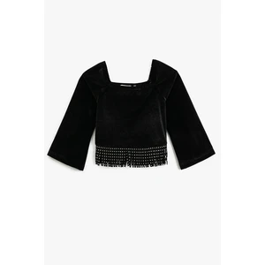 Koton Crop Tasseled T-Shirt Long Wide Sleeves U-Neck