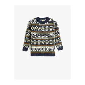 Koton Knitted Sweater Round Neck Long Sleeve Ethnic Pattern