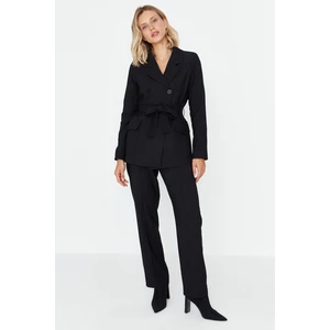 Trendyol Black Belted Woven Lined Double Breasted Blazer with Closure