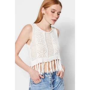 Trendyol Cotton Ecru Crop Knitwear Blouse with Tassel Detail