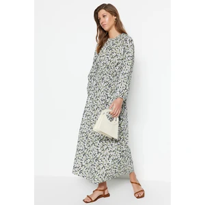 Trendyol Light Green Floral Pattern Gipe Detail, Woven Cotton Dress