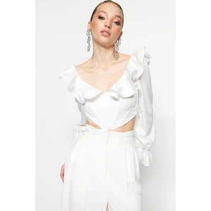 Trendyol Ecru Crop Lined Ruffle Poplin Blouse
