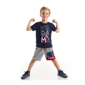 Denokids Fearless Monster Boys Navy Blue T-shirt with Gray Shorts Set.