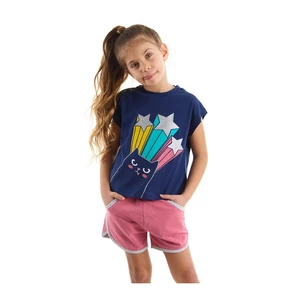 Mushi Starry Cat Girl Kids' Navy Blue T-Shirt with Pink Shorts Set.