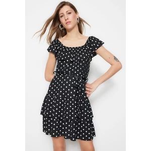 Trendyol Black Polka Dot Print Carmen Collar Ruffles and Ruffles Mini Open-Waist Knitted Dress