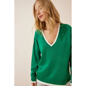 Happiness İstanbul Women's Green V-Neck Oversize Knitwear Sweater