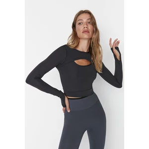 Trendyol Dark Anthracite Crew Neck Sports Blouse With Crop Window/Cut Out and Thumb Hole Detail