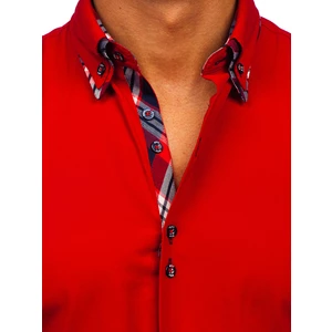 Cămașă elegantă pentru bărbat în dungi cu mâneca lungă roșie Bolf 4704