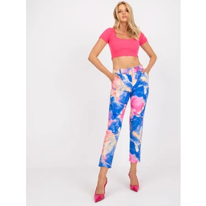 Dark blue fabric trousers with colorful patterns