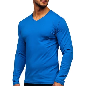 Modré pánske tričko s dlhými rukávmi s výstrihom do V bez potlače Bolf 172008