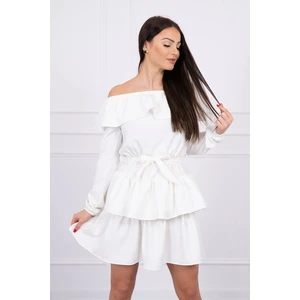 Off-the-shoulder dress with tie at the waist ecru