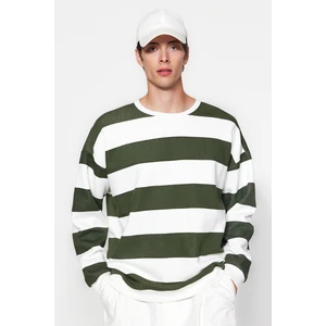 Trendyol Green Unisex Oversize Crew Neck Striped Sweatshirt with a Soft Pile Inside Cotton.