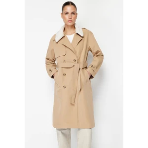 Trendyol Beige Oversized Wide-Cut Collar Plush Detailed, Water-repellent Long Trench Coat