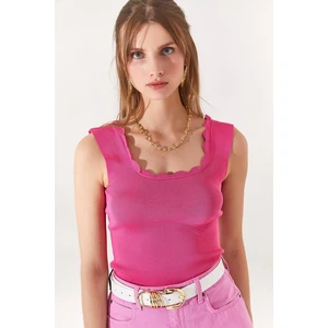 Olalook Women's Open Fuchsia Collar Detailed Waist Top Knitwear Blouse