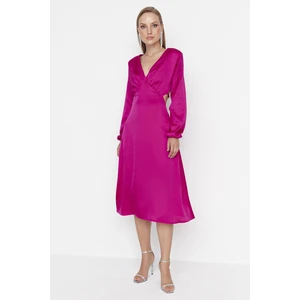 Trendyol Fuchsia V-Neck Satin Evening Dress