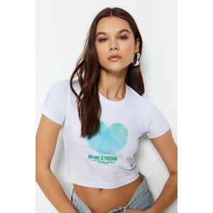 Trendyol White Heart Printed Fitted/Simple Crop Crew Neck Cotton Stretch Knitted T-Shirt