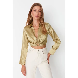 Trendyol Oil Green Crop Woven Tie Detail Satin Blouse