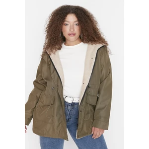 Trendyol Curve Khaki Hooded Snap Detailed Pocket Plush Coat