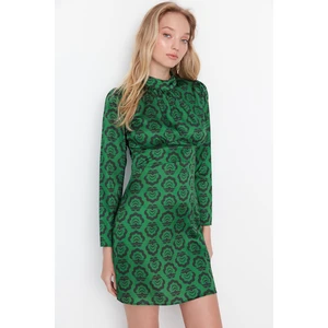 Trendyol Green Stand Up Collar Patterned Satin Dress