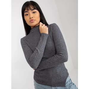 Dark grey ribbed asymmetrical sweater with stand-up collar