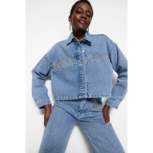 Trendyol Blue Crop Denim Jacket With Accessory Detail