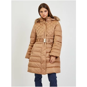 Guess Hnědý dámský péřový zimní kabát s odepínací kapucí a kožíškem Gu - Dámské