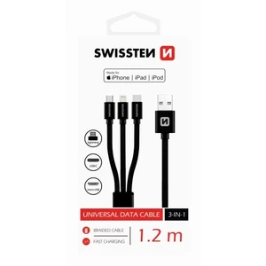 Datový kabel Swissten Textile 3in1, MFi, 1,2m, černý