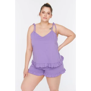Trendyol Curve Lilac Ruffle Detailed Strap Knitted Pajamas Set