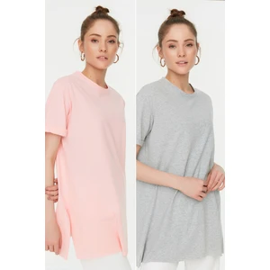 Trendyol Gray-Pink 2-Pack Slit Detailed Crew Neck Short Sleeve Basic Knitted T-Shirt