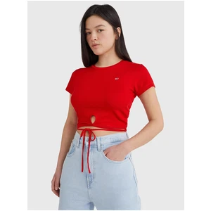 Tommy Jeans Červené dámské žebrované cropped tričko se zavazováním v pase Tom - Dámské