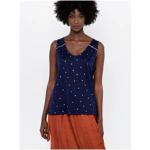 Dark Blue Polka Dot Linen Blouse CAMAIEU - Women