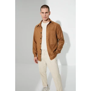 Trendyol Camel Men Regular Fit Shirt Collar Long Sleeve Buttoned Pocket Suede Overshirt Shirt