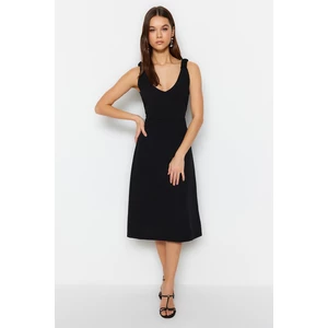 Trendyol Black Knitted Crepe Dress with Gipe Detailed A-line Midi V-neck and Straps
