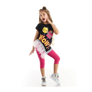 Mushi Wow Girl in Tulle Black T-shirt with Pink Leggings Set.