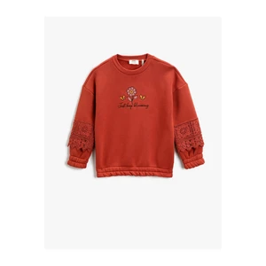 Koton Lace Detailed, Floral Print Sweatshirt with Raised Elastic Cuffs and Waist.