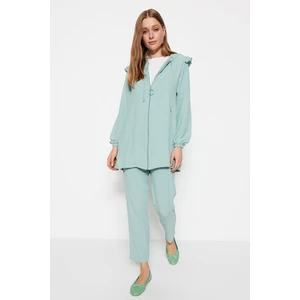 Trendyol Mint Shoulder Frilly Hooded Woven Aerobin Tunic-Pants Set