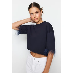 Trendyol Navy Blue 100% Cotton Crop Detail Crop Crew Neck Knitted T-Shirt