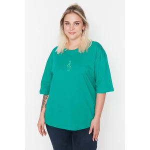 Trendyol Curve Green Wide Fit Knitted T-Shirt with Embroidery