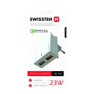 Gyorstöltés Swissten Qualcomm Charger 3.0 s 2 USB konektorral, 23W, fehér