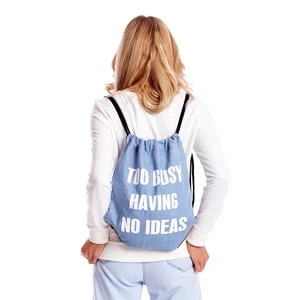 Blue denim sack backpack with text imprint
