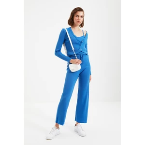 Trendyol Blue Ribbed Blouse Cardigan Pants Knitwear Bottom-Top Triple Suit