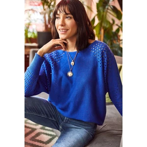 Olalook Women's Saxon Blue Openwork Bat Oversize Knitwear Sweater