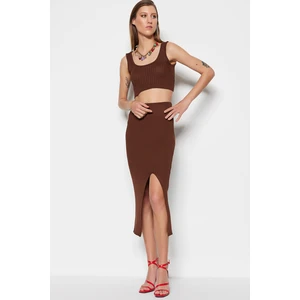 Trendyol Brown Crop Knitwear Slit Detailed Top-bottom Set