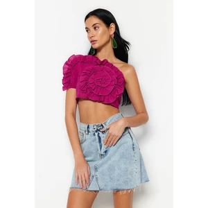 Trendyol Fuchsia Crop Weave Ruffled One-Shoulder 100% Cotton Blouse