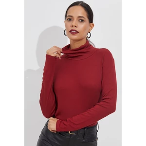 Cool & Sexy Women's Claret Red Turtleneck Corduroy Shirt